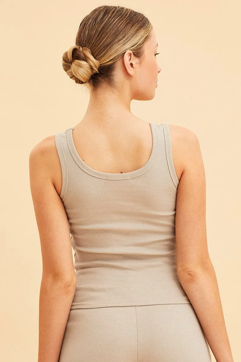 FadeResistant Beige Cotton Tank Scoop Neck Cotton Blend Rib Sleeveless