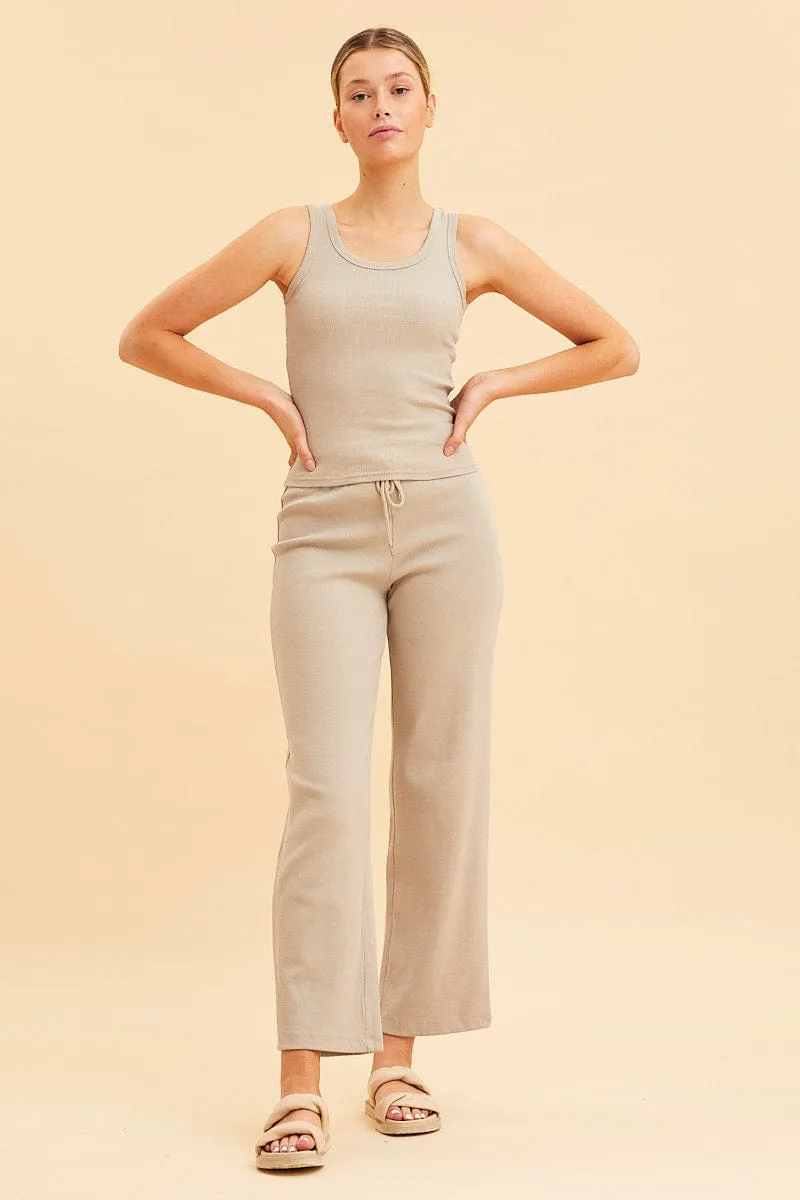 Beige Cotton Tank Scoop Neck Cotton Blend Rib Sleeveless LightweightInsulation