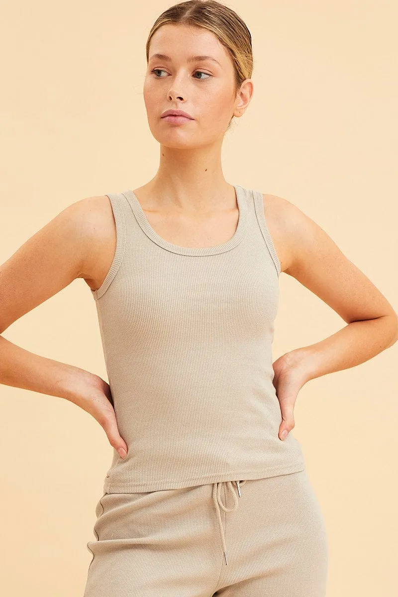 Cyber Glow Beige Cotton Tank Scoop Neck Cotton Blend Rib Sleeveless