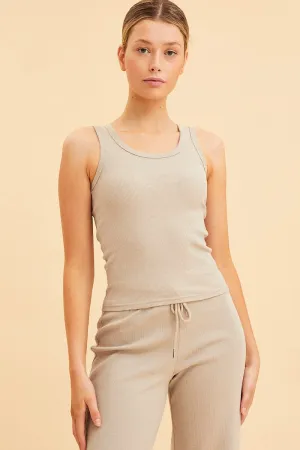 Downtown Cool Beige Cotton Tank Scoop Neck Cotton Blend Rib Sleeveless