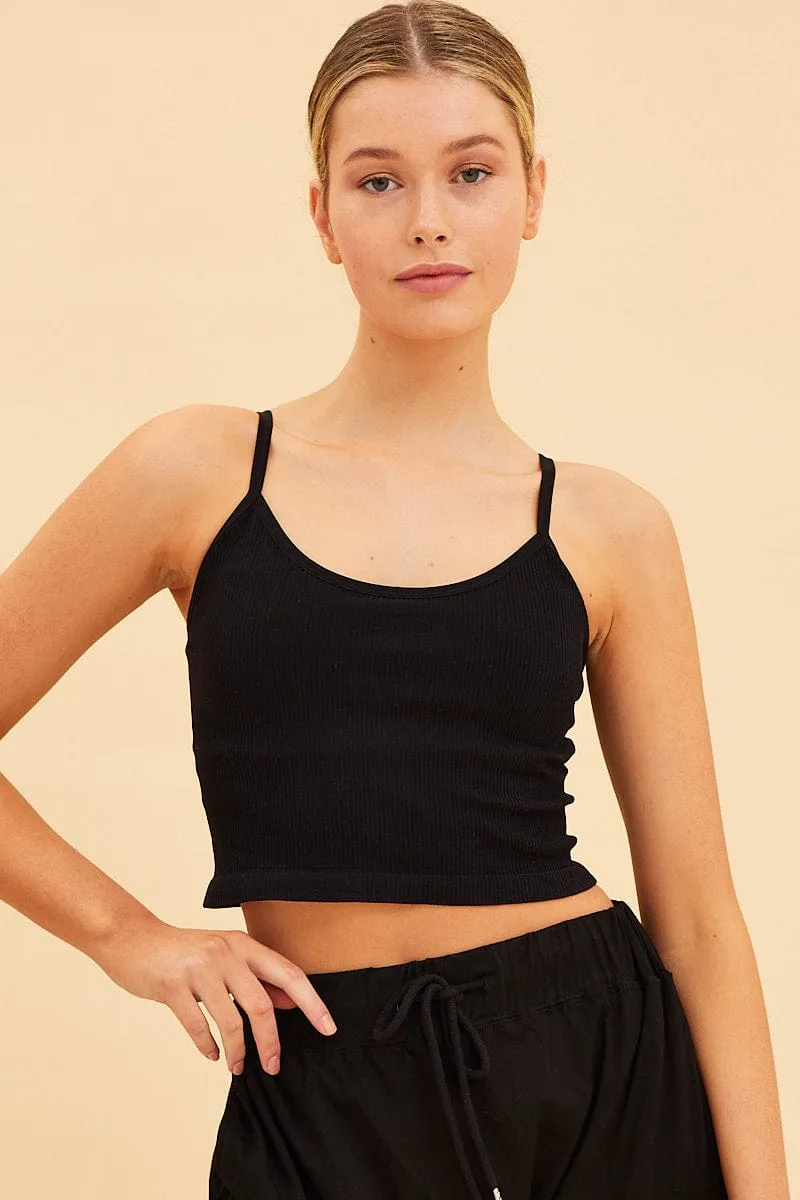 FoldableDesign Boho Light Black Seamless Singlet Top Scoop Neck Rib Crop