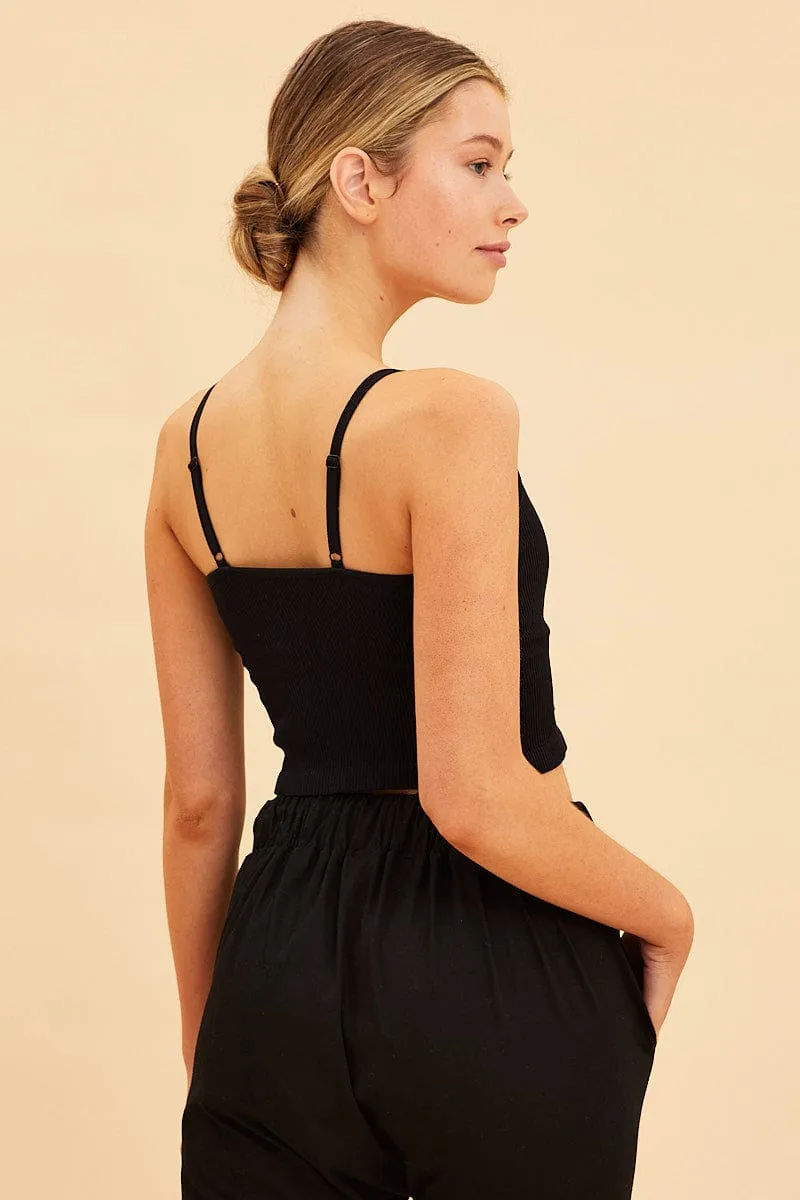 Black Seamless Singlet Top Scoop Neck Rib Crop Streetwear Style