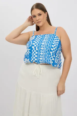 ReflectiveTrimDetails Blue Abstract Cami Crop Top Linen Blend