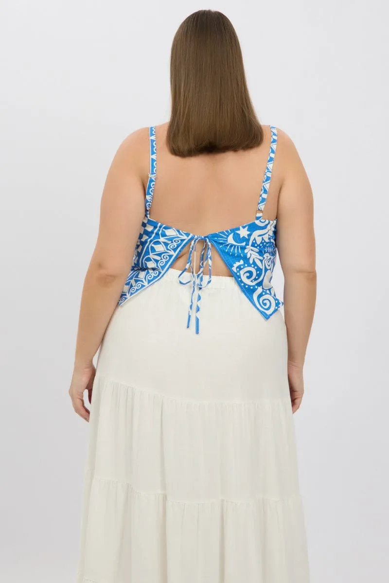 Joy Ease Elegant Coat Blue Abstract Cami Crop Top Linen Blend
