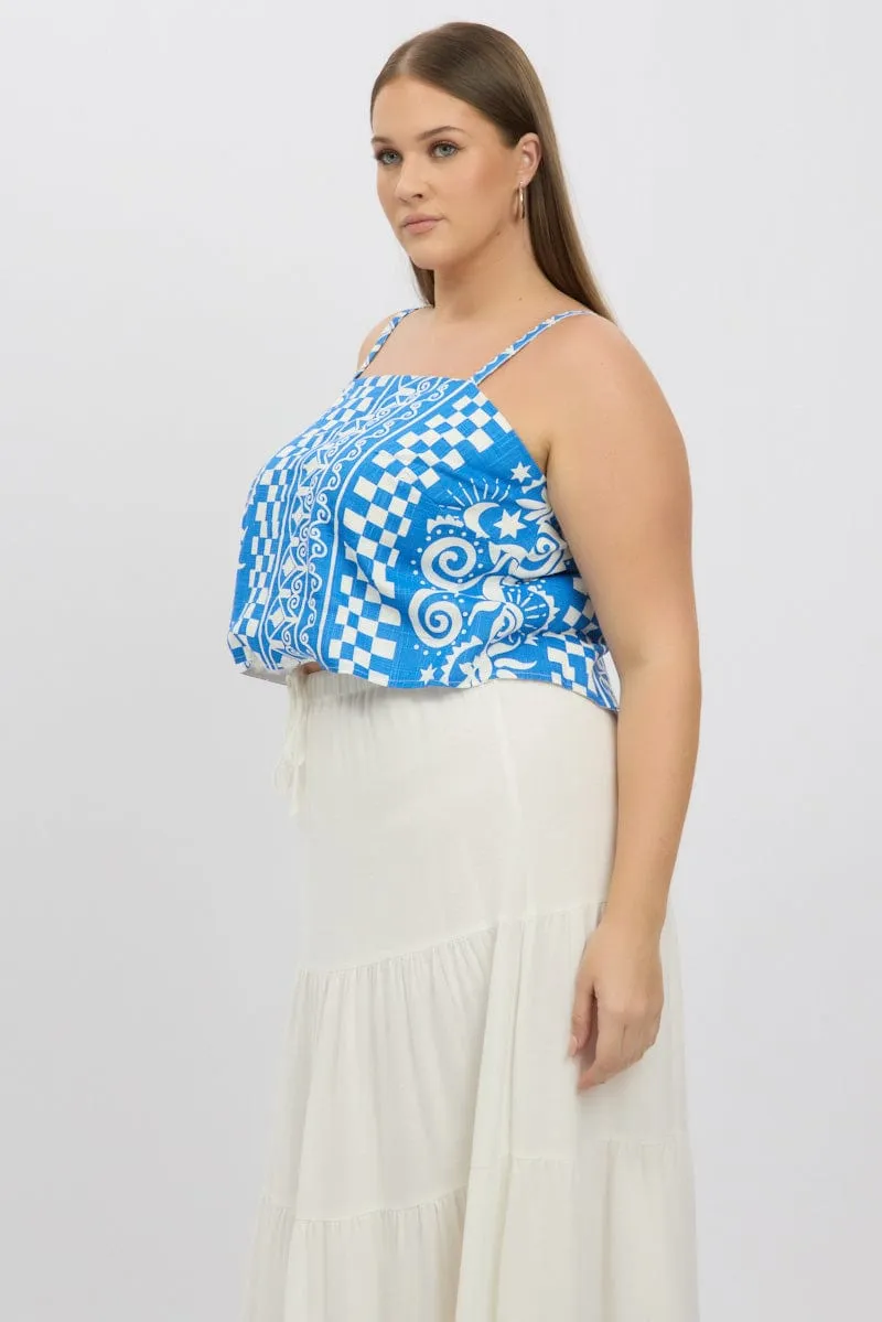 Blue Abstract Cami Crop Top Linen Blend Warm Socks EcoFriendlyProduction