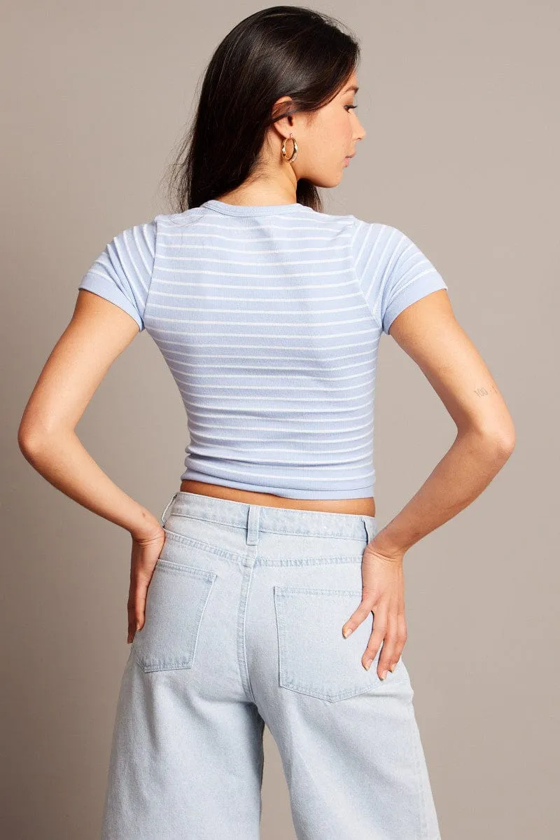 WrinkleResistantFabric Blue Stripe T Shirt Short Sleeve Crew Neck Seamless