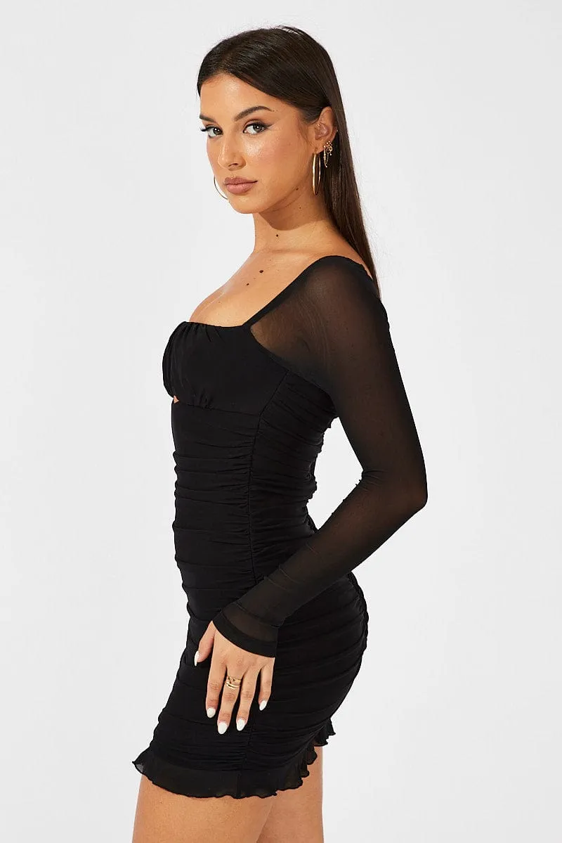 Black Bodycon Dress Ruched Mesh Elegant Glow HighCollared Design