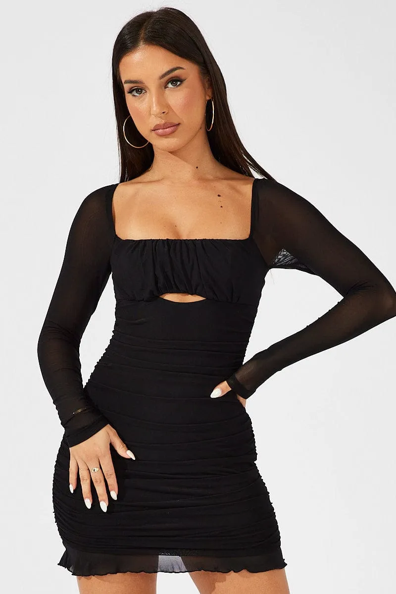 Black Bodycon Dress Ruched Mesh Formal Attire