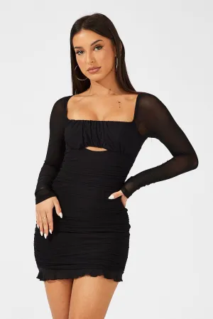 Black Bodycon Dress Ruched Mesh Flexible Waistline Match Fit