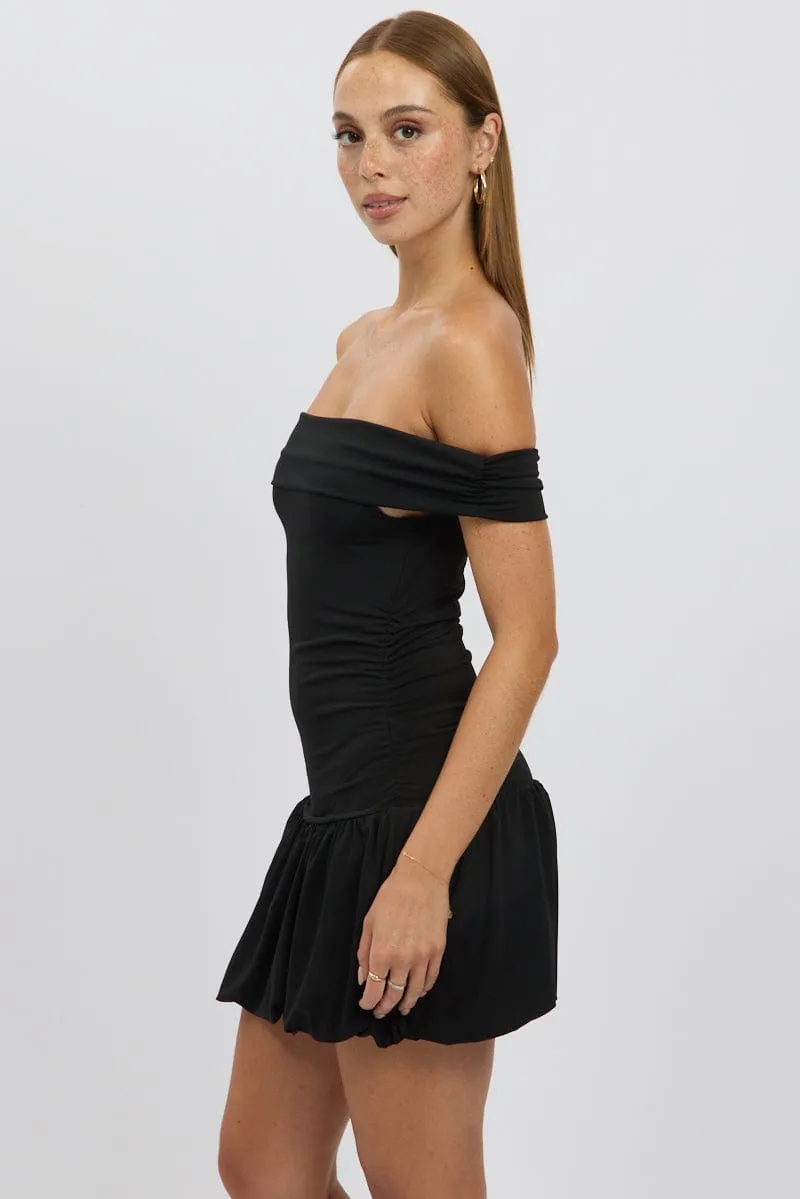 Thick Fiber Black Bubble Dress Off Shoulder