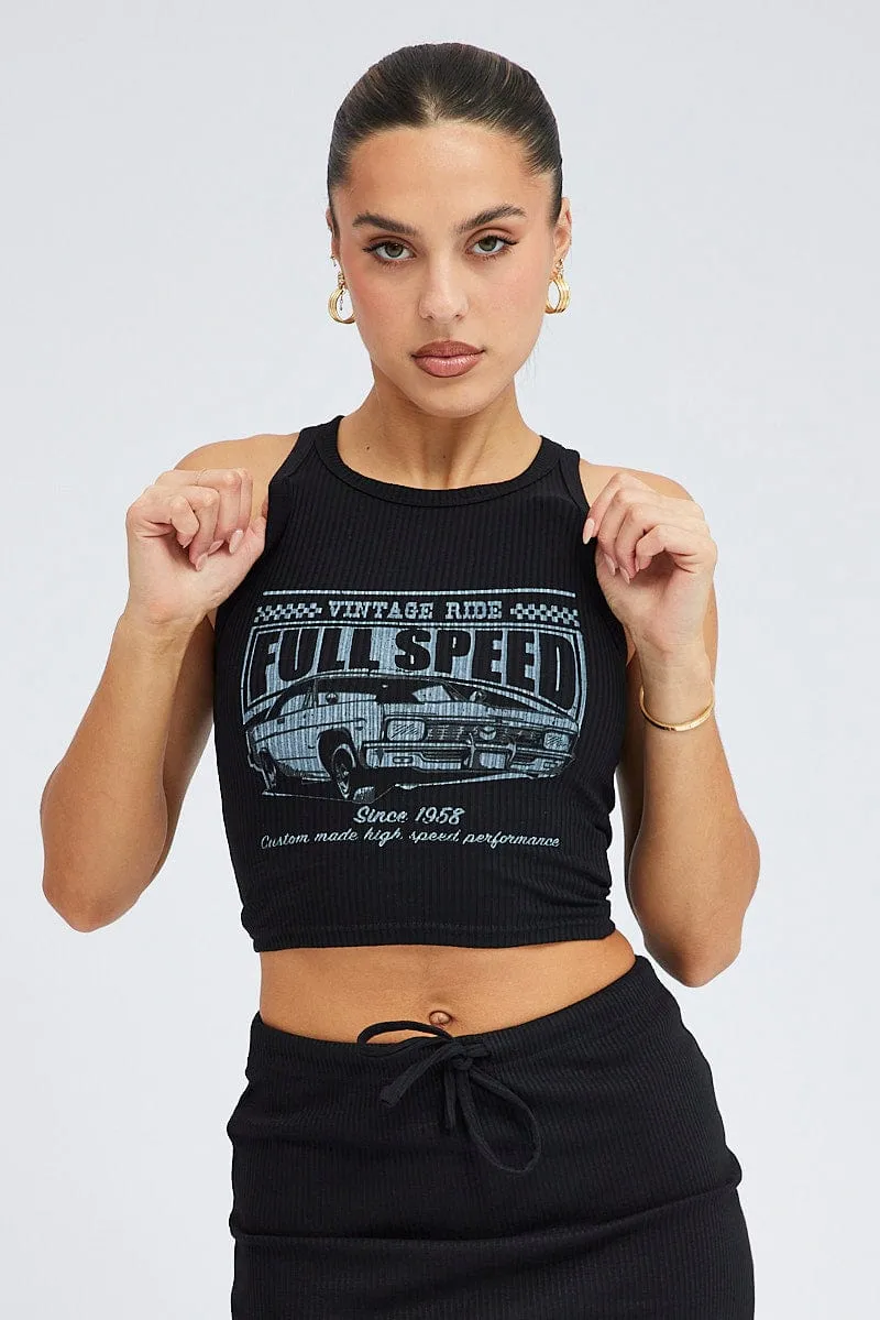 Black Cropped Crew Neck Tank Trendy Hat