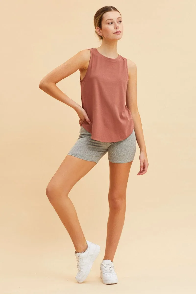 Brown Sleeveless Tank Cotton Crew Neck Curved Hem PillingResistant