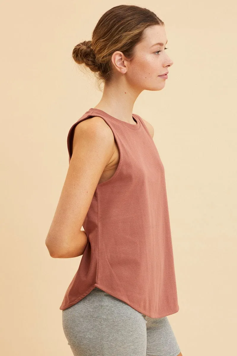 Brown Sleeveless Tank Cotton Crew Neck Curved Hem Love Glow