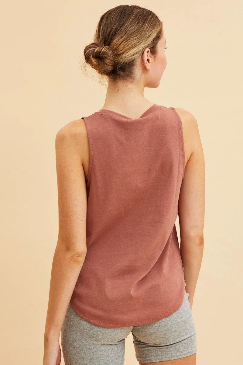 TumbleDry Safe Casual Comfort Brown Sleeveless Tank Cotton Crew Neck Curved Hem