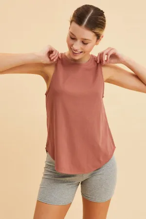 Weekend Style Brown Sleeveless Tank Cotton Crew Neck Curved Hem