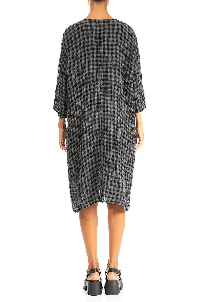 Grey Check Gauze Linen Tunic Dress Chic Fit