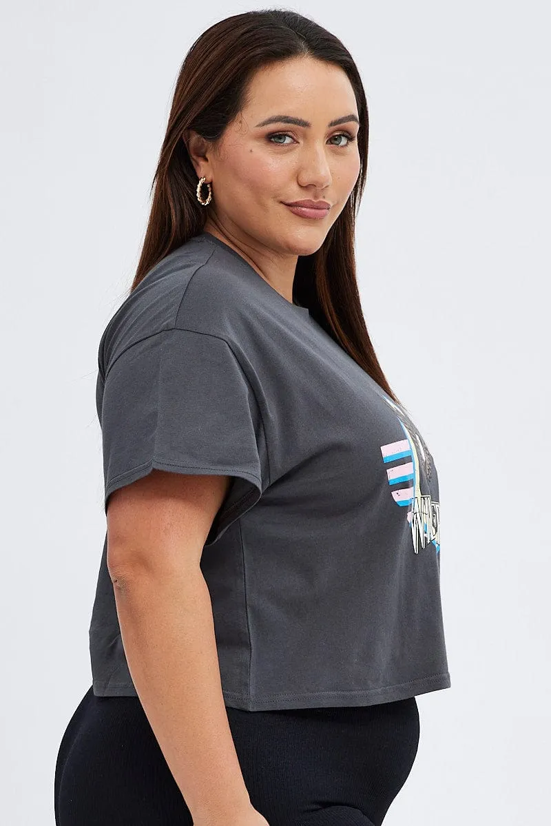 Grey Graphic T-shirt Wild And Free Cotton Jersey Crop Pastel color Wicking Interlock Knit