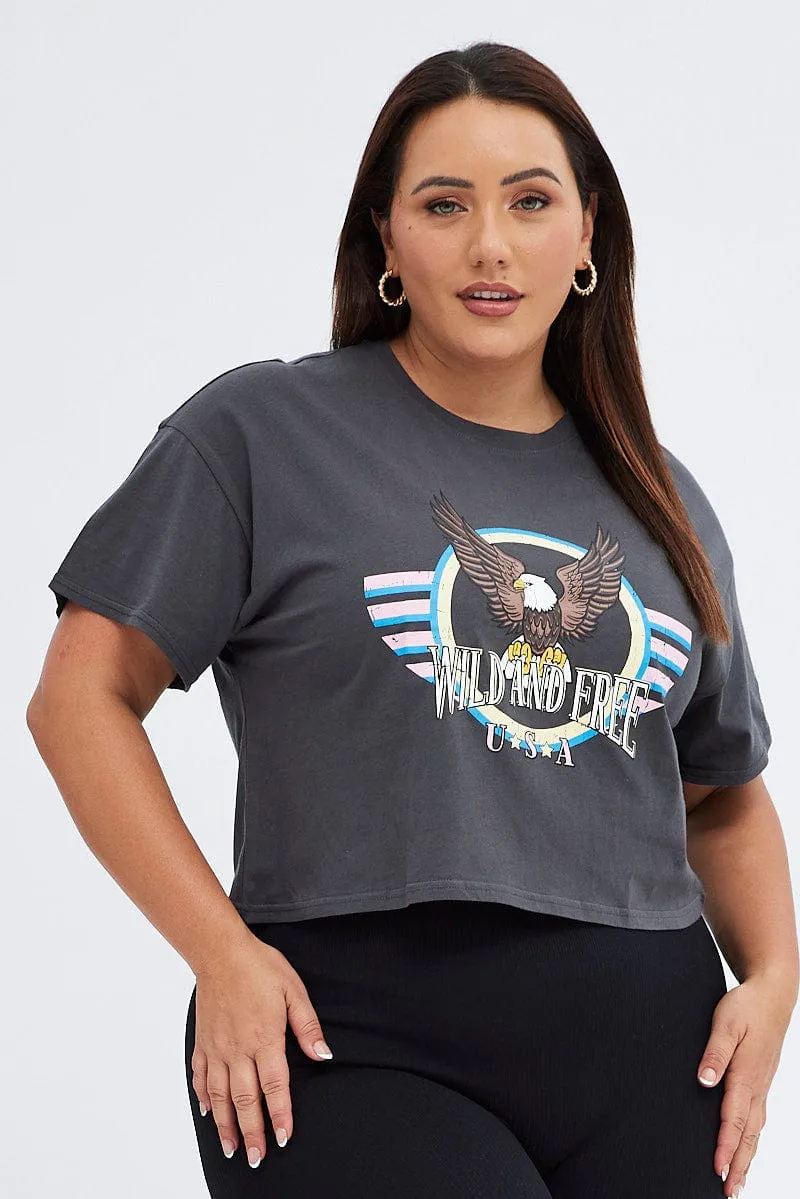 Grey Graphic T-shirt Wild And Free Cotton Jersey Crop Cozy and Soft