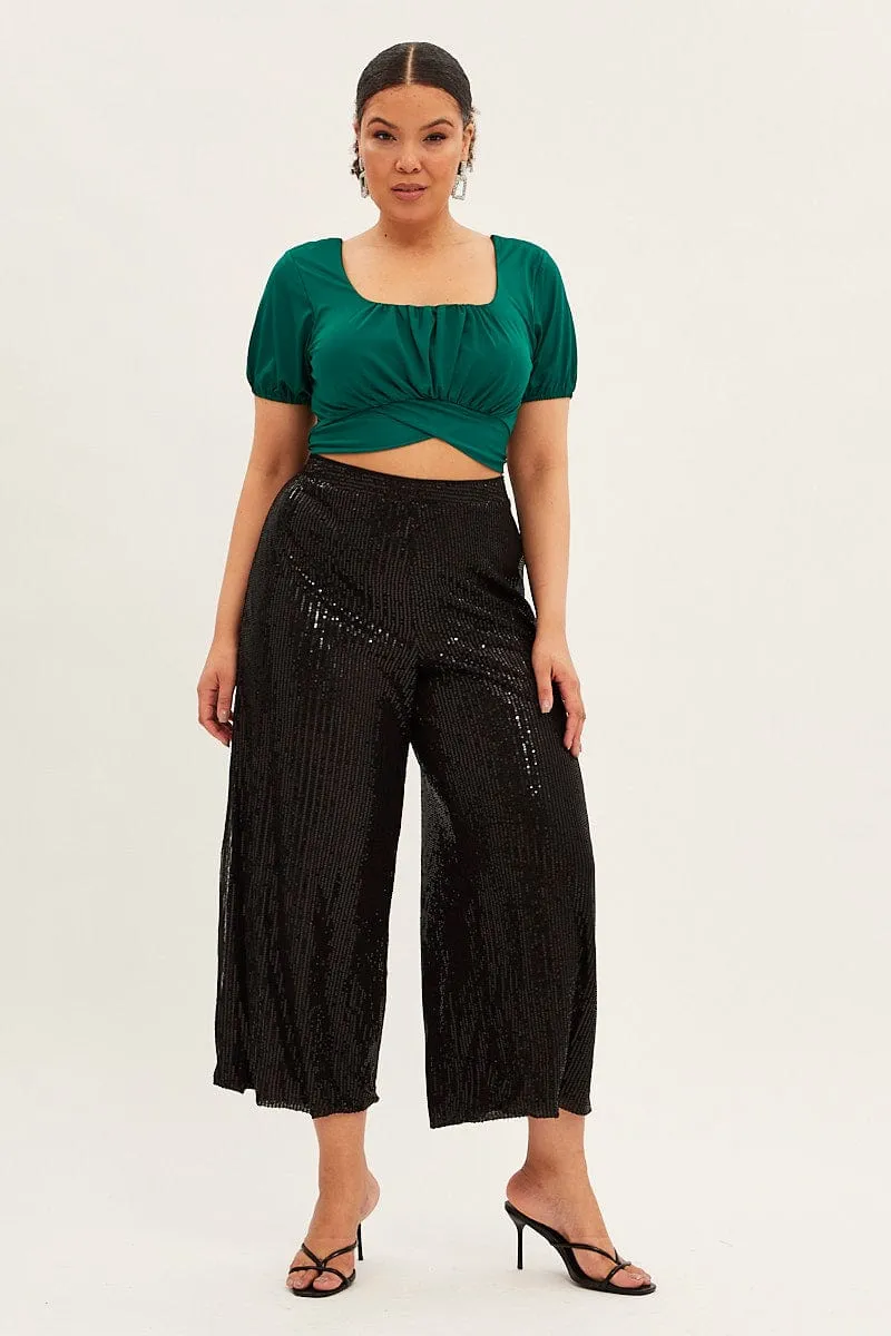 Black Wide Leg Pants High Waist Sequin DurableBartack