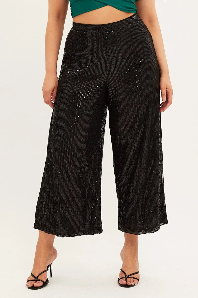Adjustable Belt Loops Black Wide Leg Pants High Waist Sequin