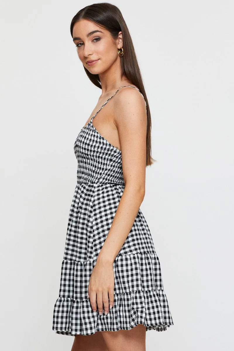 Bead Soul Check Fit And Flare Dress Sleeveless Scoop Neck