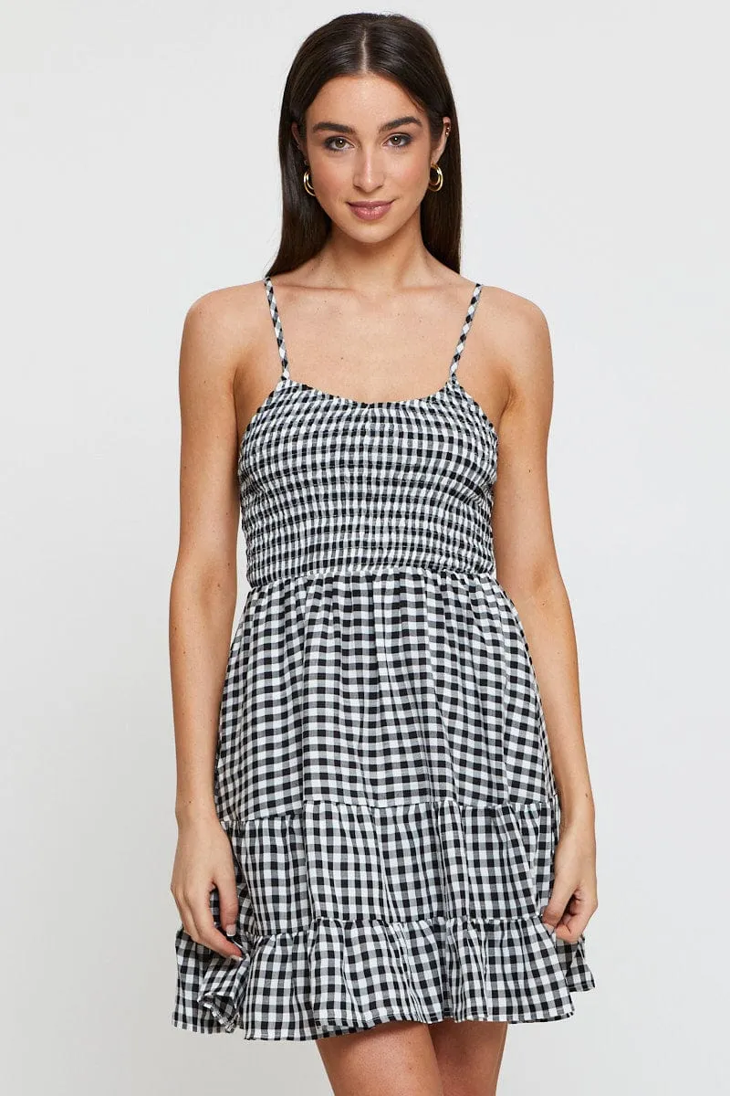 Check Fit And Flare Dress Sleeveless Scoop Neck Comfortable Jacket