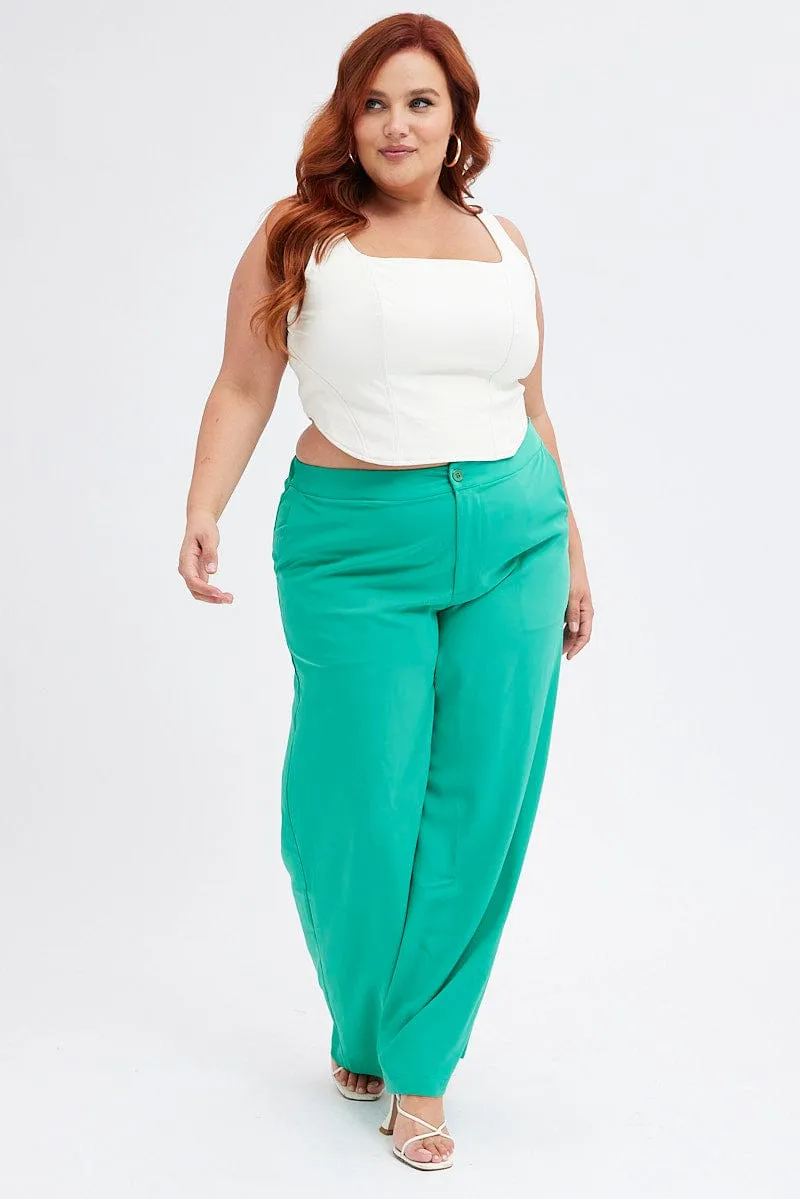 Abrasion Resistant Surface Tailored Silhouette Green Wide Leg Pants Suiting High Waist