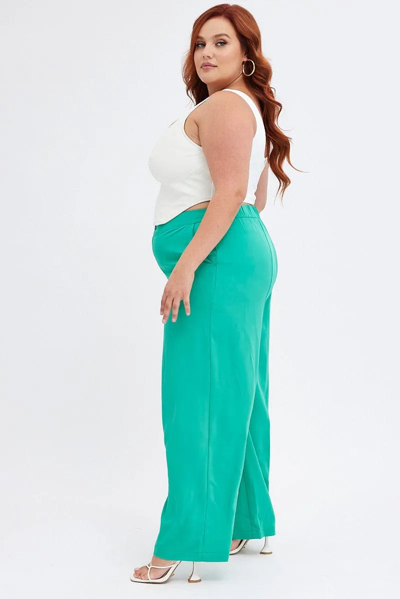 Green Wide Leg Pants Suiting High Waist Multi Pocket Configuration Smart Fit