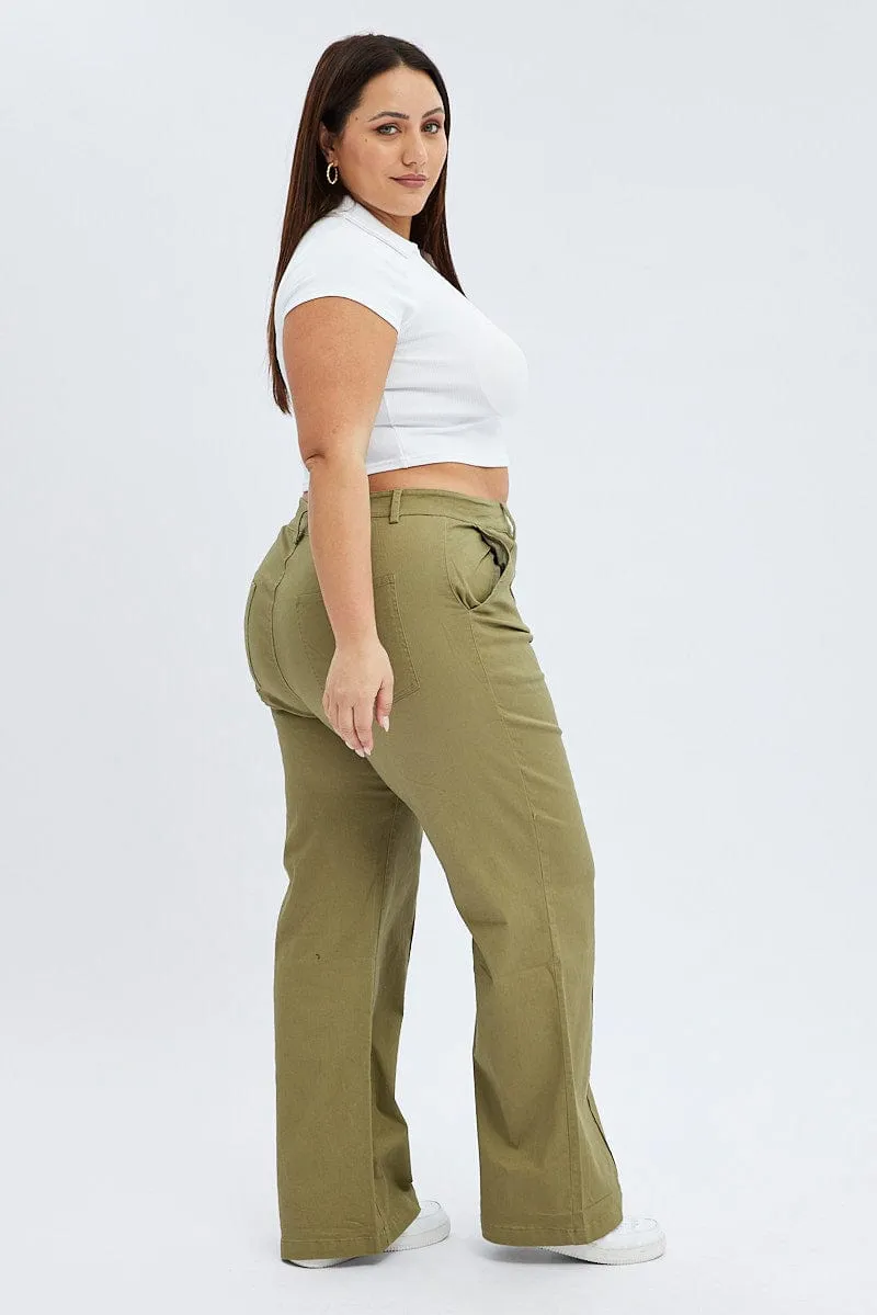 Green Wideleg Pants Seam Front Cotton WindResistantMaterial Cozy Essentials