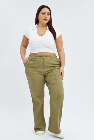 Green Wideleg Pants Seam Front Cotton High Durability Thread Relaxed Waist