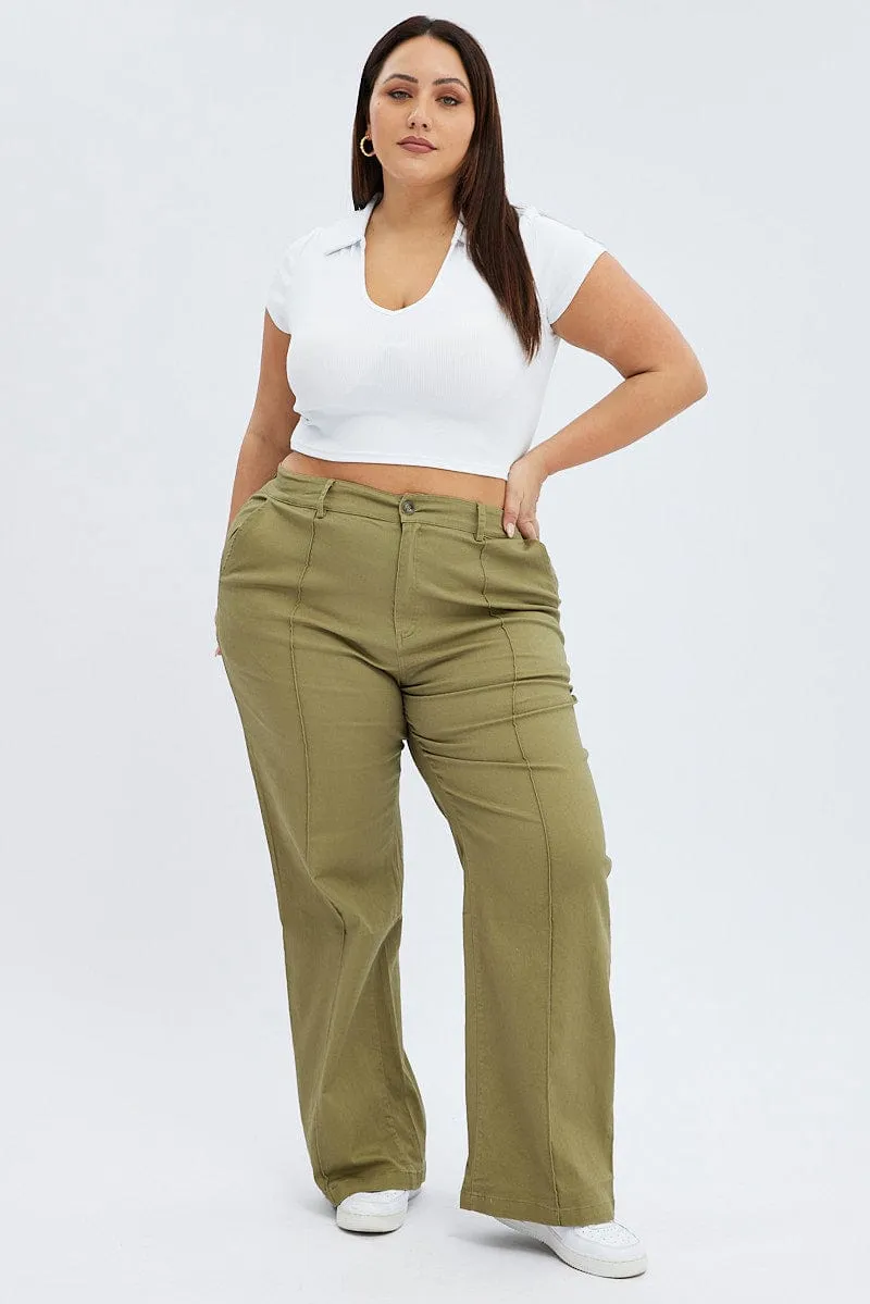 Green Wideleg Pants Seam Front Cotton Quick Release Buckle