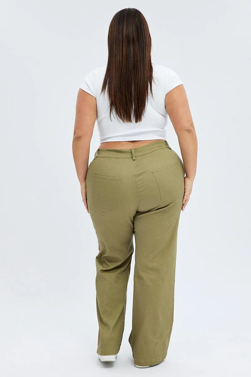 Versatile Wear Training Wear Green Wideleg Pants Seam Front Cotton