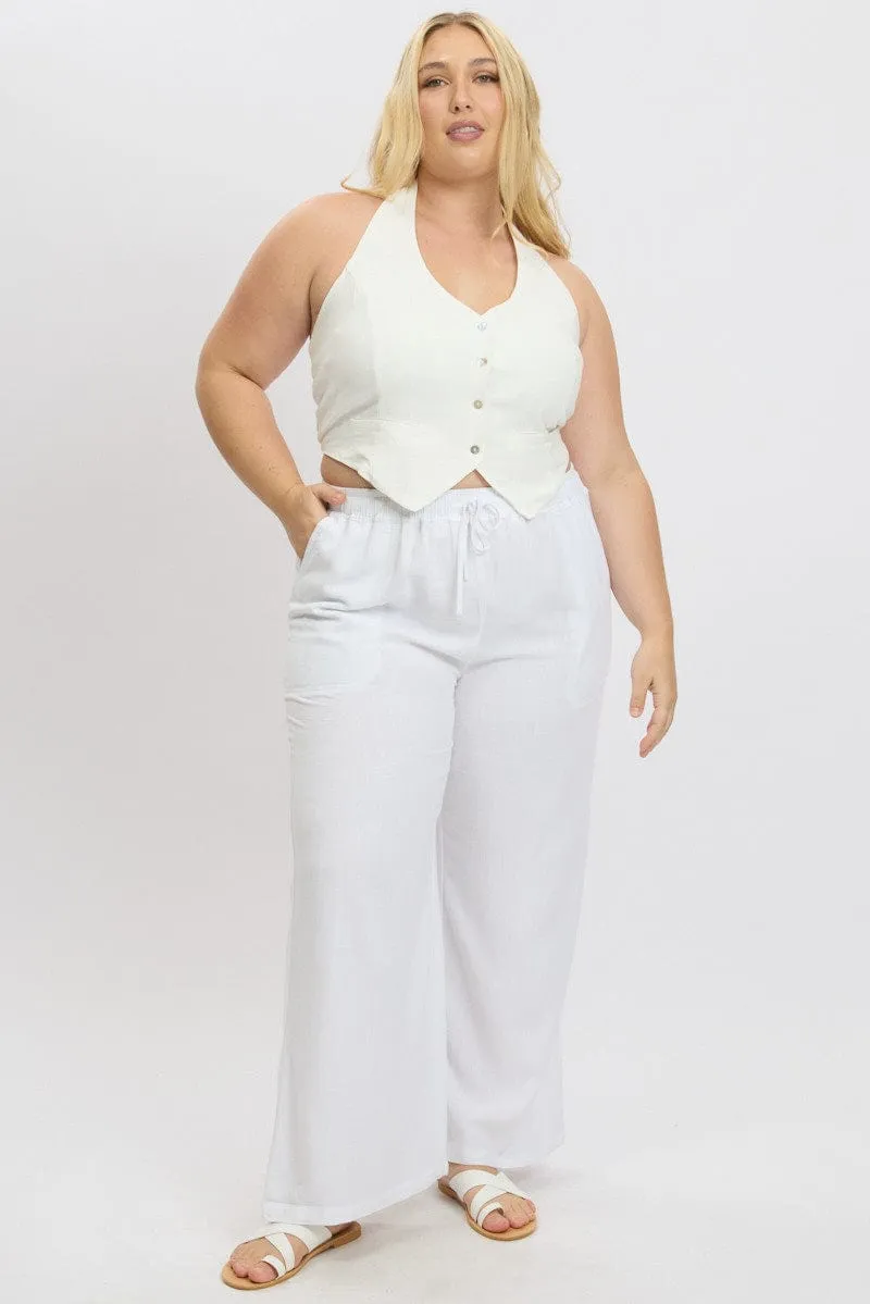 Stretchable Design Smart Comfort White Elastic Waist Wide Leg Linen Blend Pants