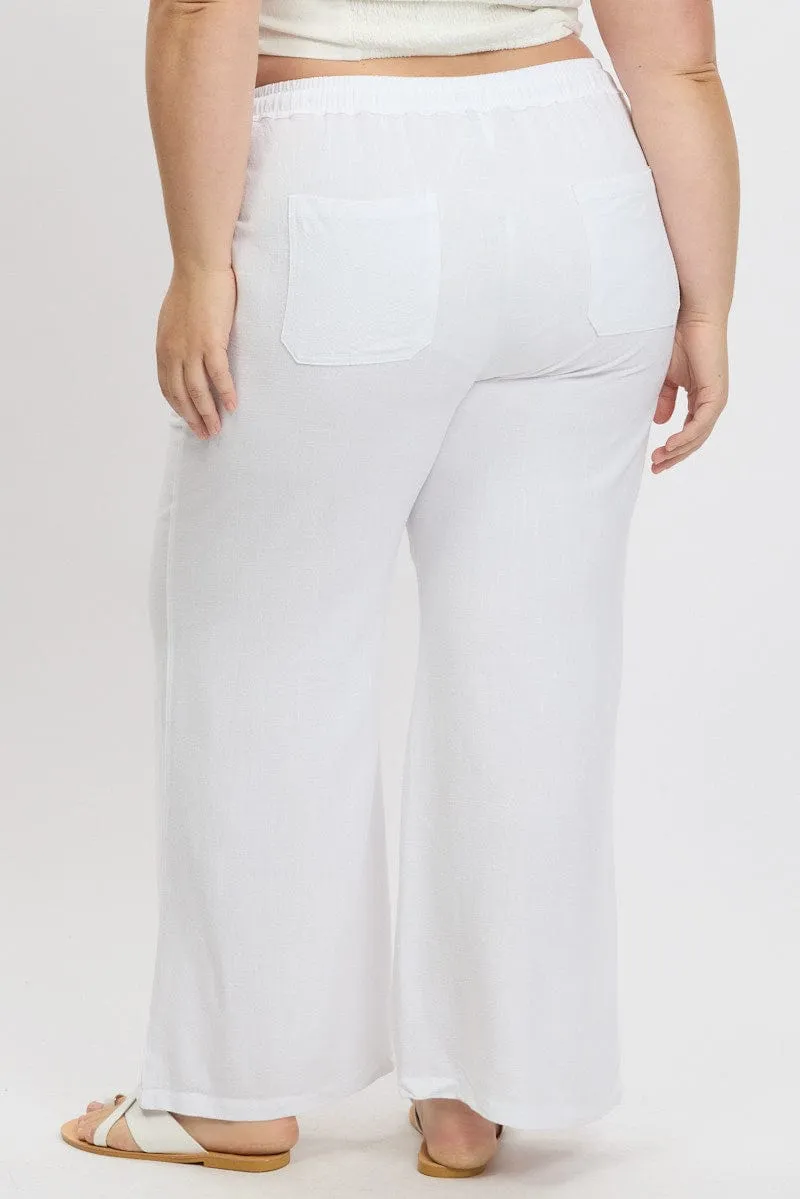 White Elastic Waist Wide Leg Linen Blend Pants ReflectiveTrim Breathable Weave Fabric