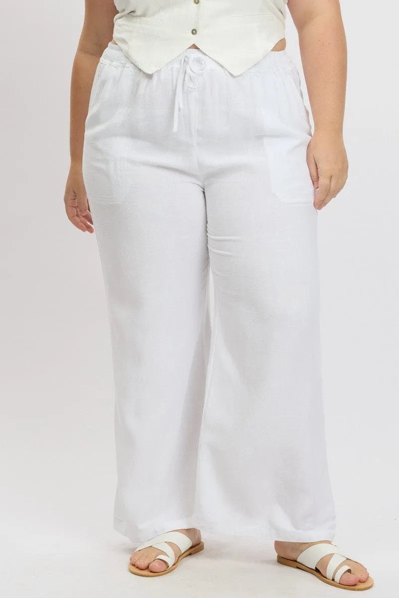 White Elastic Waist Wide Leg Linen Blend Pants Recycled Polyester Blend Comfortable Fit Wear
