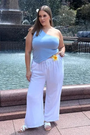 White Elastic Waist Wide Leg Linen Blend Pants Zip-off legs Feminine Cut