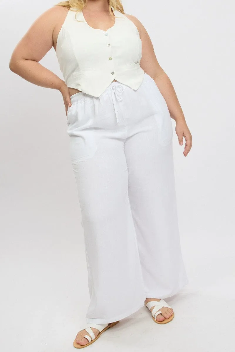 White Elastic Waist Wide Leg Linen Blend Pants OdorResistantTreatment No Fuss