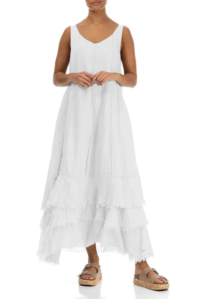 LayeredNeckline Maxi Pure White Gauze Linen Dress