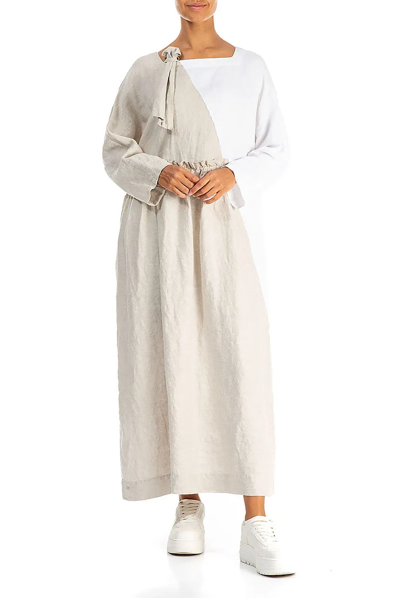 clean look Side Ribbon Natural White Linen Dress