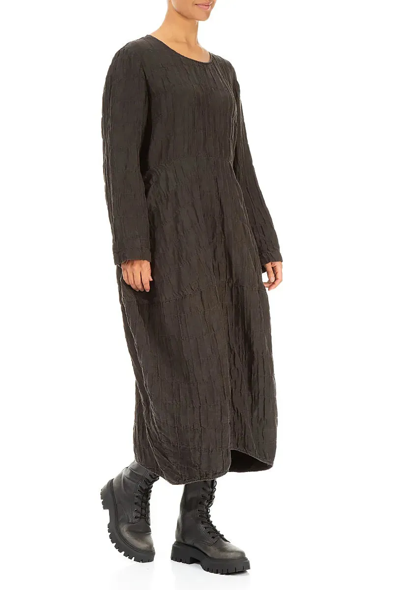 Run Glow Balloon Forest Brown Pleated Silk Linen Dress