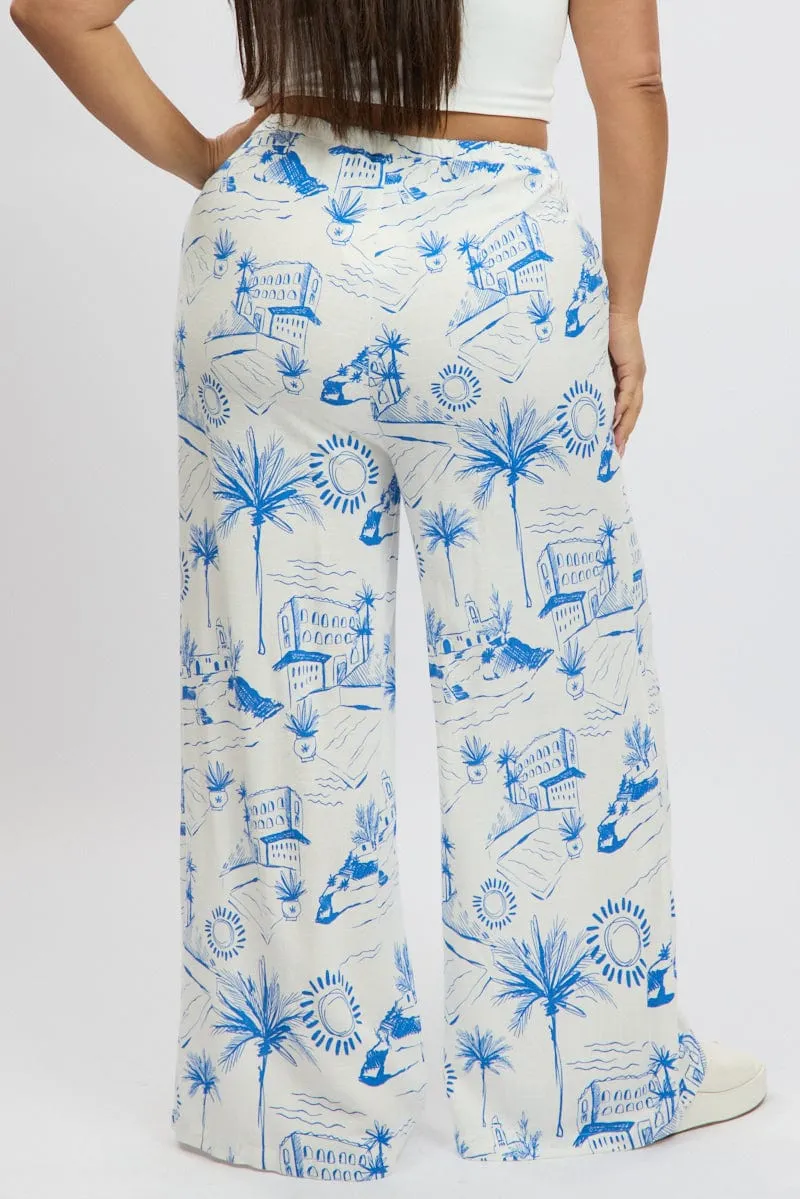 Blue Abstract Elastic Waist Linen Blend Pants Raw edge