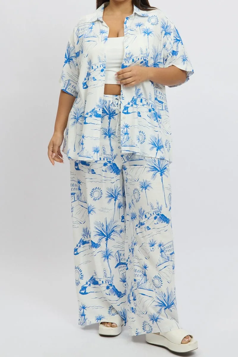 DurableConstruction Blue Abstract Elastic Waist Linen Blend Pants