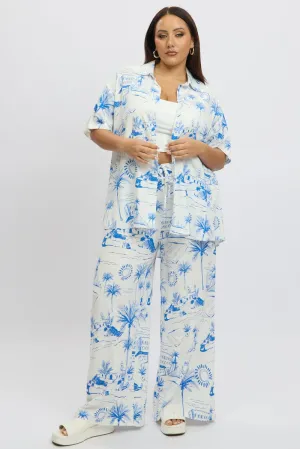 Blue Abstract Elastic Waist Linen Blend Pants Smart Design BreathableMeshLining