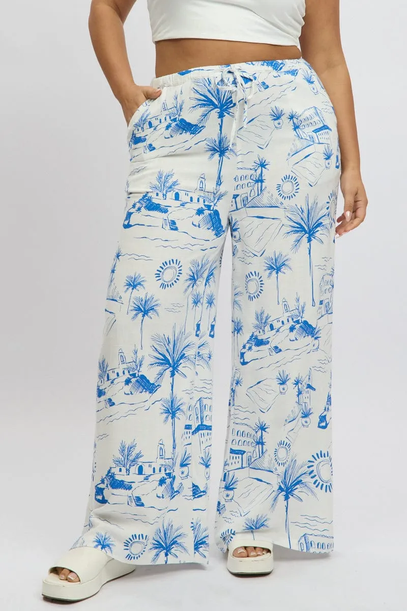 Flexible Layer Stain Resistant Weave Blue Abstract Elastic Waist Linen Blend Pants