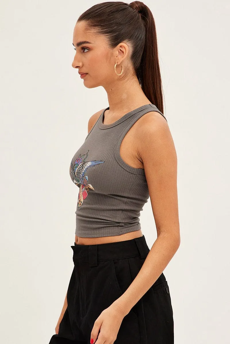 Grey Tank Sleeveless Crew Neck Rib Eagle Graphic warm fleece