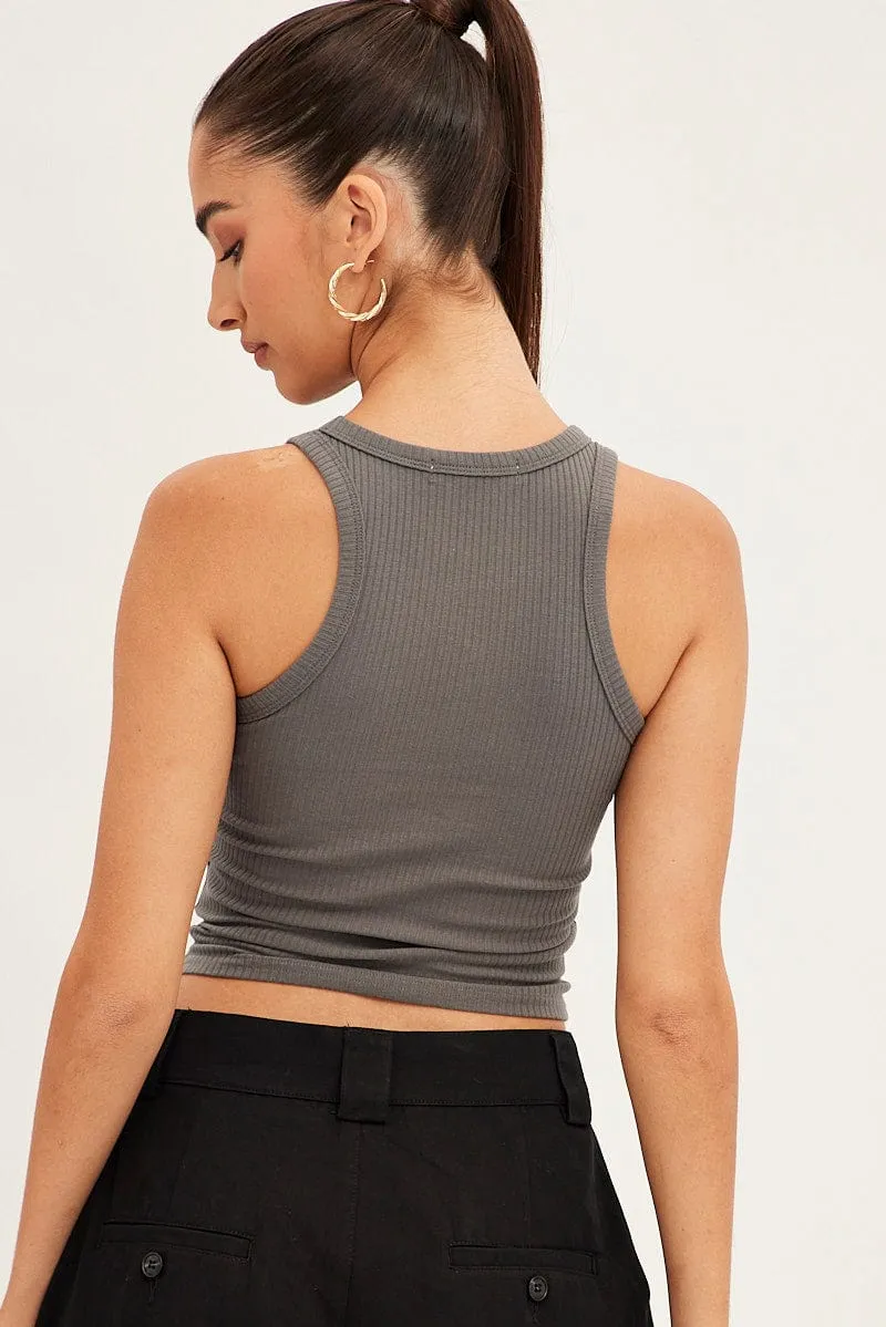 Commute Ease Layered Hem Details Grey Tank Sleeveless Crew Neck Rib Eagle Graphic