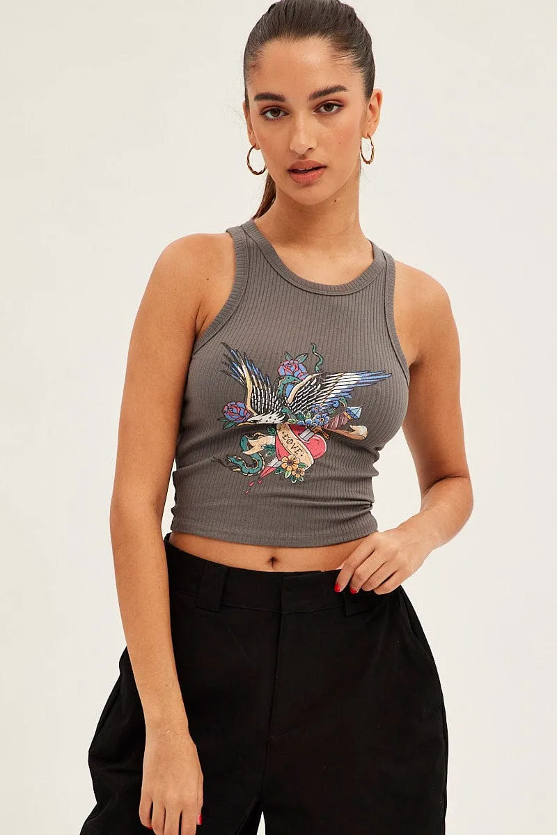Grey Tank Sleeveless Crew Neck Rib Eagle Graphic Vision Fit CoolingChannelFabric