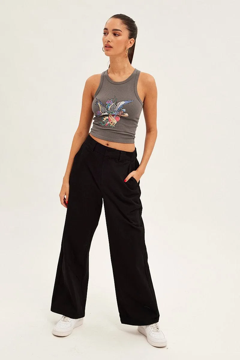 Grey Tank Sleeveless Crew Neck Rib Eagle Graphic AdjustableCuffs
