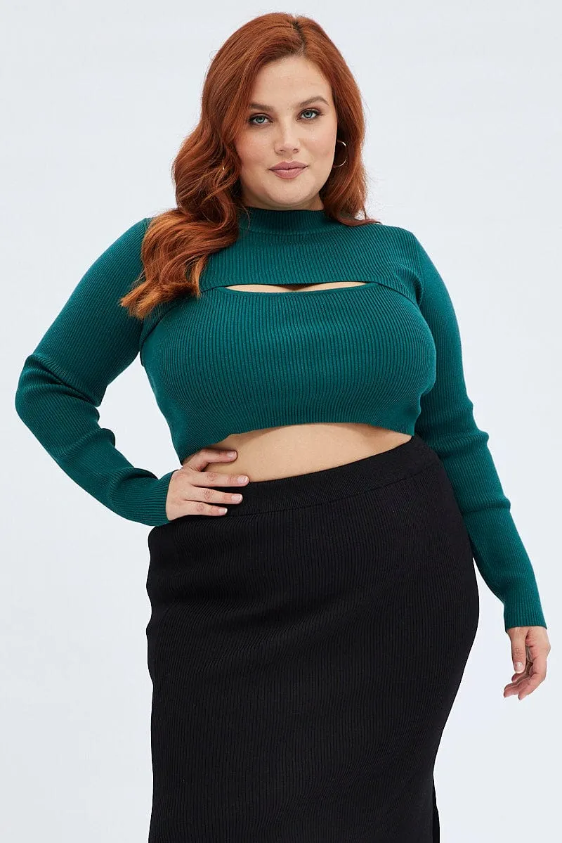MultiDirectionalFlex Green Knitted Cami Top And High Neck Shrug Set