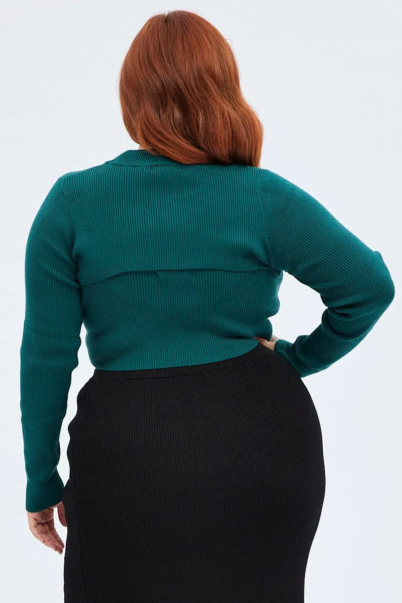 Green Knitted Cami Top And High Neck Shrug Set QuickRelease Fasteners Trendy Outerwear